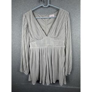 Pink Lily Dress Womens Medium Silver Pleated Metallic Fit Flare V Neck Mini